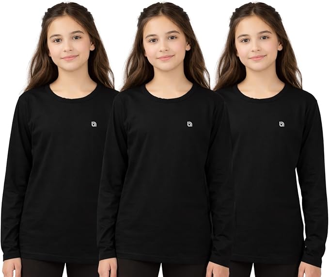 Bahob® Girls Long Sleeve T-Shirt 3 Pack Shirt for Girls Lightweight Soft Comfort Fit Round Neck Tee Shirt 5-14 Years
