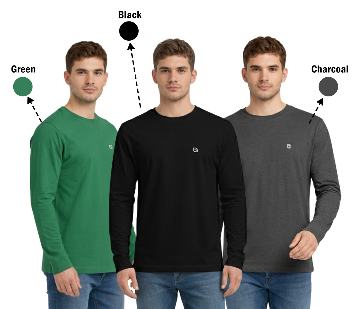 Bahob® 3 Pack Men's Long-Sleeved T-Shirt Round Neck T-Shirts Comfortable Crewneck Neck Tops for Men Soft Cotton S-3XL