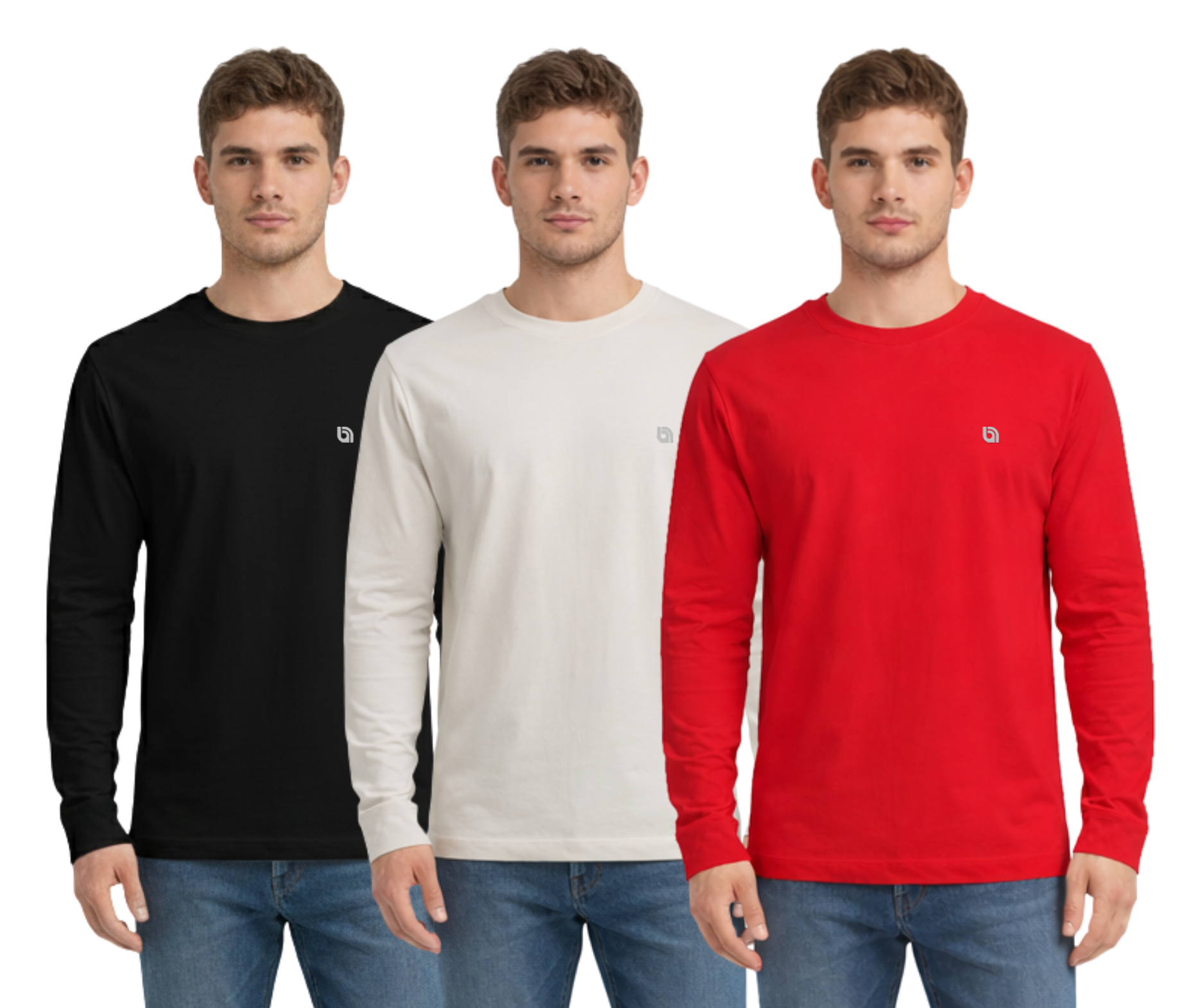 Bahob® 3 Pack Men's Long-Sleeved T-Shirt Round Neck T-Shirts Comfortable Crewneck Neck Tops for Men Soft Cotton S-3XL