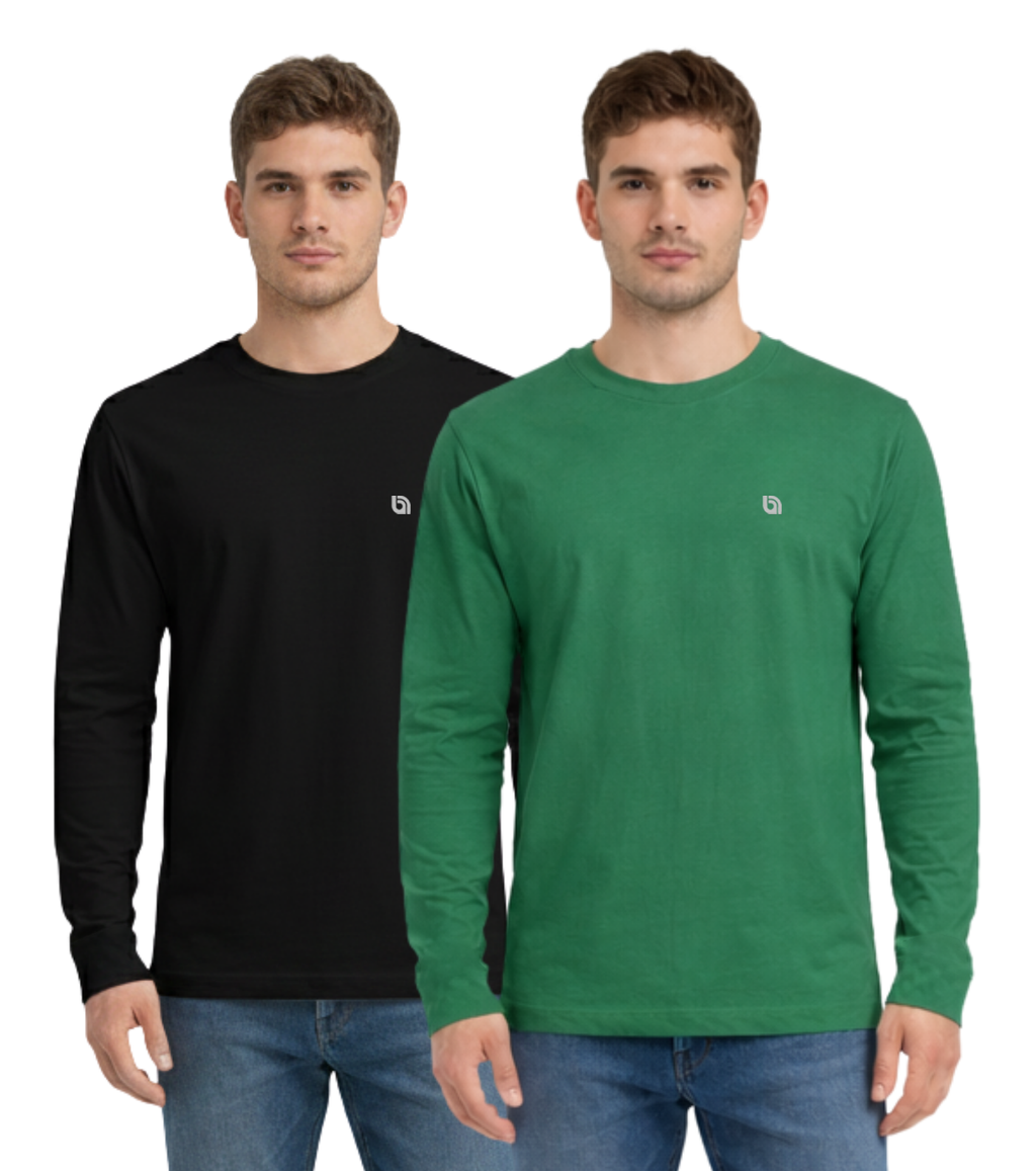 Bahob® 2 Pack Men's Long Sleeve T-Shirt Top Round Neck Full Sleeve T-Shirt Soft Cotton