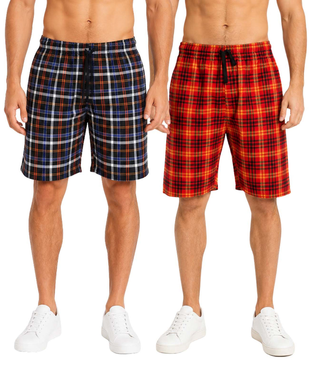 2 Pack Men's Cotton Pyjamas Lounge Shorts Bottoms Check Woven Checked Pyjama Bottoms S-3XL