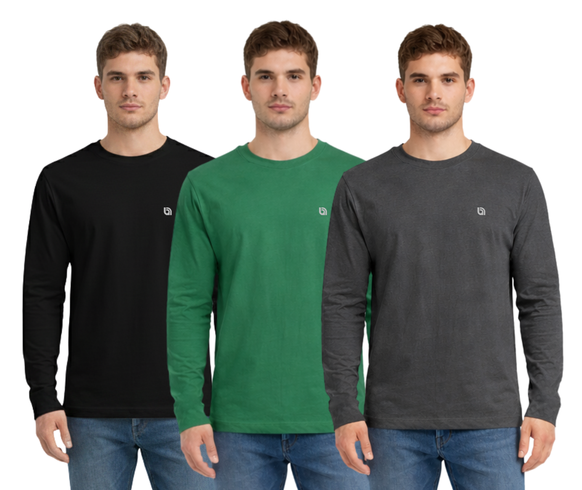 Bahob® 3 Pack Men's Long-Sleeved T-Shirt Round Neck T-Shirts Comfortable Crewneck Neck Tops for Men Soft Cotton S-3XL