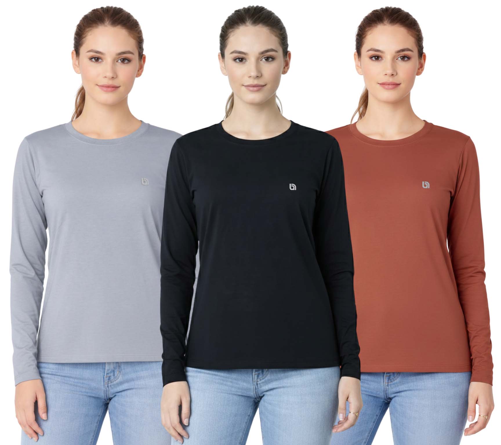 Bahob® 3 Pack Women's Classic-Fit Crewneck , Multipacks Ladies Long Sleeve T-Shirt Top S-XXL