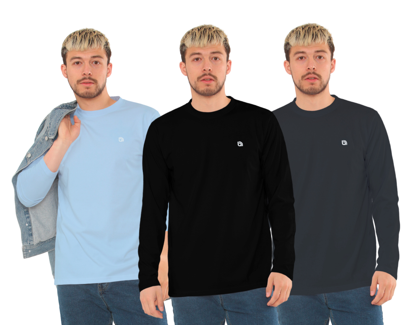 Bahob® 3 Pack Men's Long-Sleeved T-Shirt Round Neck T-Shirts Comfortable Crewneck Neck Tops for Men Soft Cotton S-3XL