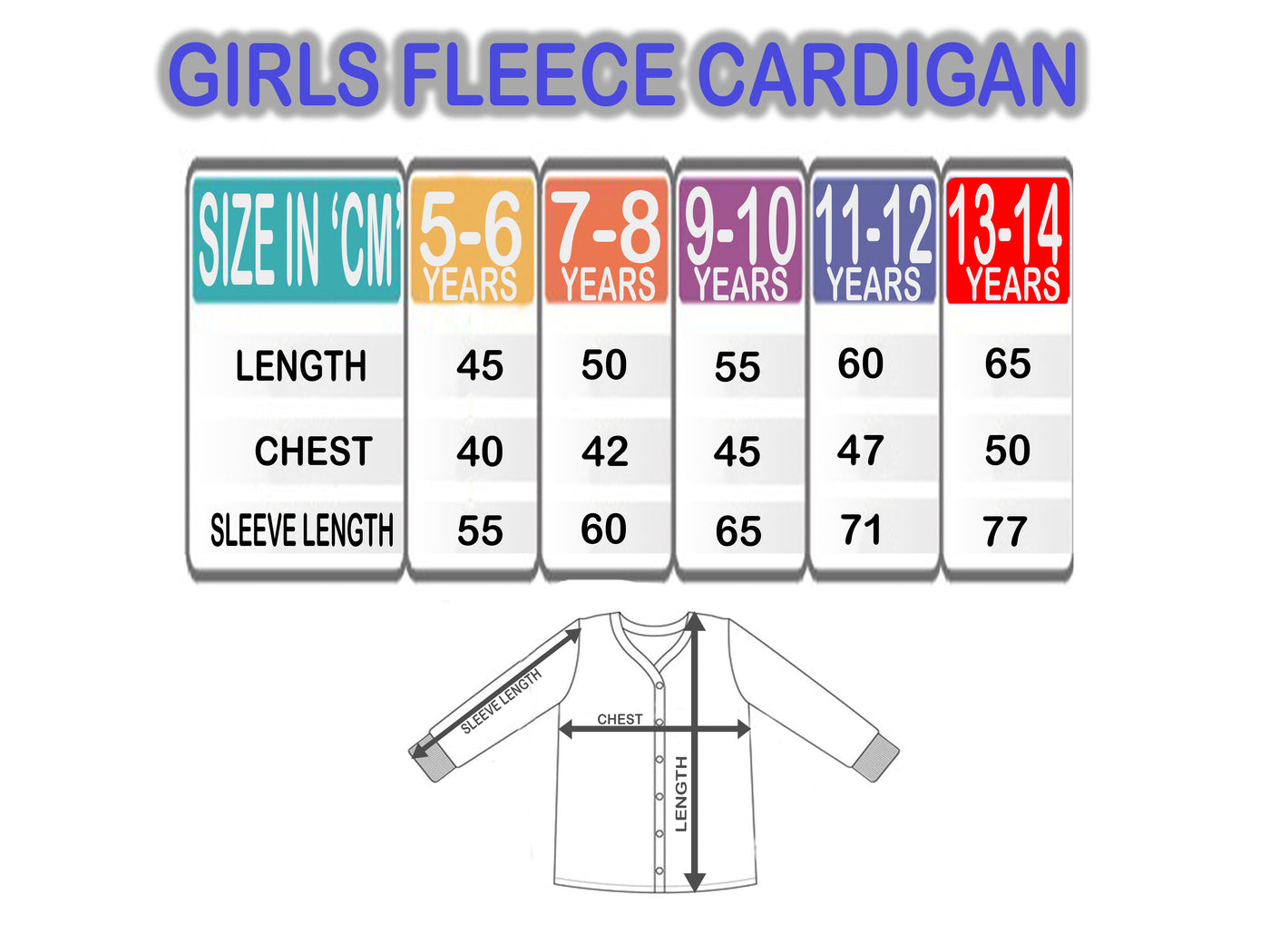 size chart for Girls school cardigans